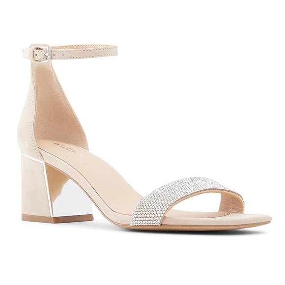 Aldo Kedeaviel Strappy Heeled Opentoe Sandals Metallic Silver Rhinestone Beige 5